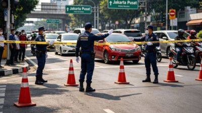 Petugas kepolisian mengatur lalu lintas di kawasan Jalan MH Thamrin saat ada aksi unjuk rasa