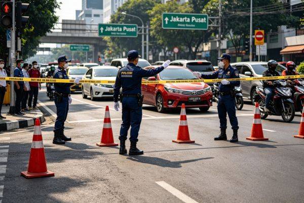 Petugas kepolisian mengatur lalu lintas di kawasan Jalan MH Thamrin saat ada aksi unjuk rasa