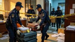 Petugas kepolisian mengamankan koper berisi barang bukti dari lokasi penggeledahan di Sentul Bogor