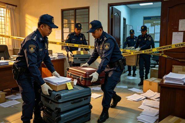 Petugas kepolisian mengamankan koper berisi barang bukti dari lokasi penggeledahan di Sentul Bogor
